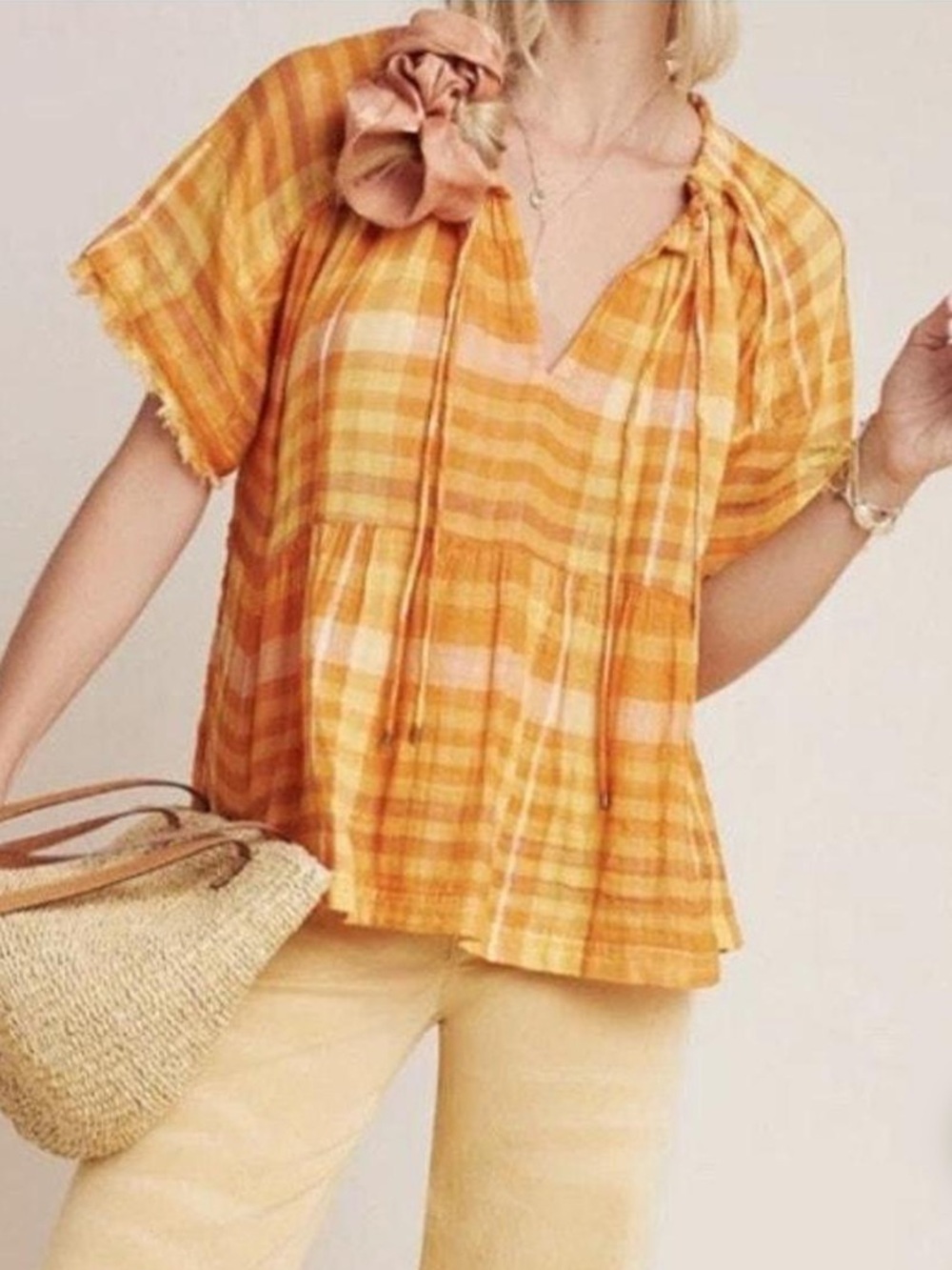Anthropology Plaid Top Lightweight Tie-Neck Blouse